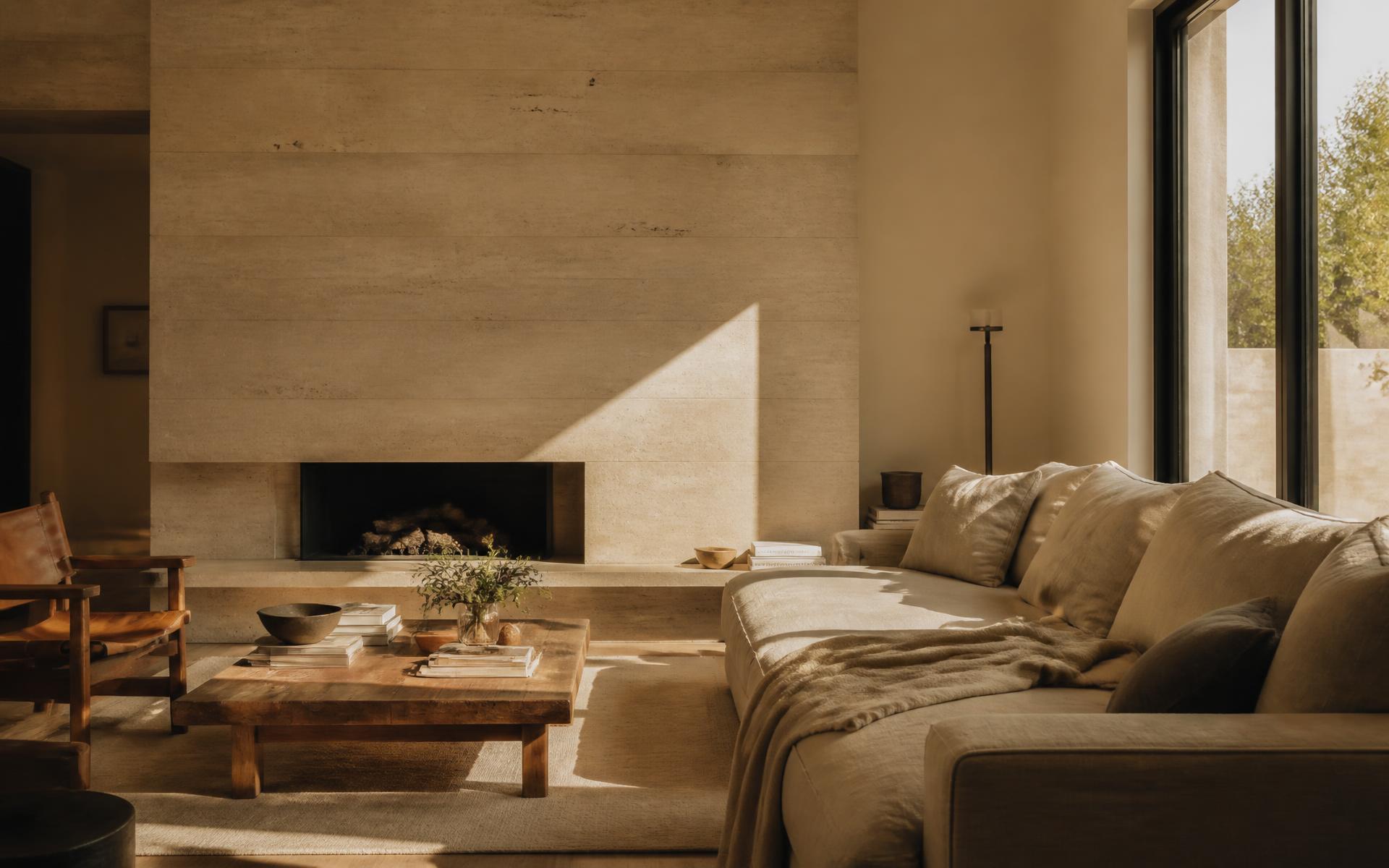 Travertan duvarlı, keten mobilyalı sıcak minimal oturma alanı